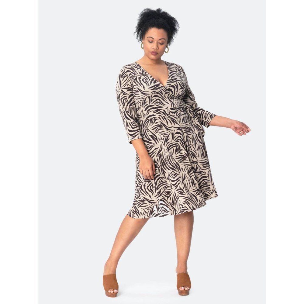 Leota Womens Perfect Wrap Zebra Safari Dress 3/4 Sleeve Beige Plus Size 1X